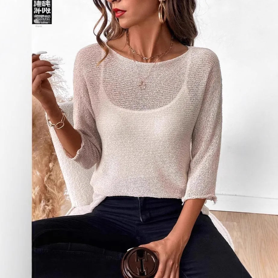 Women's thin knitted off-shoulder overall top with 3D pattern and 3/4 sleeves in matcha colour