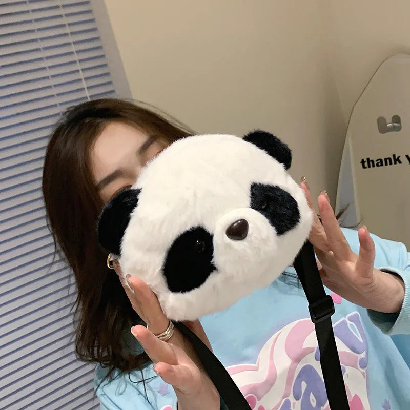 Plush panda head crossbody bag with cylindrical shape and sandwich pocket design