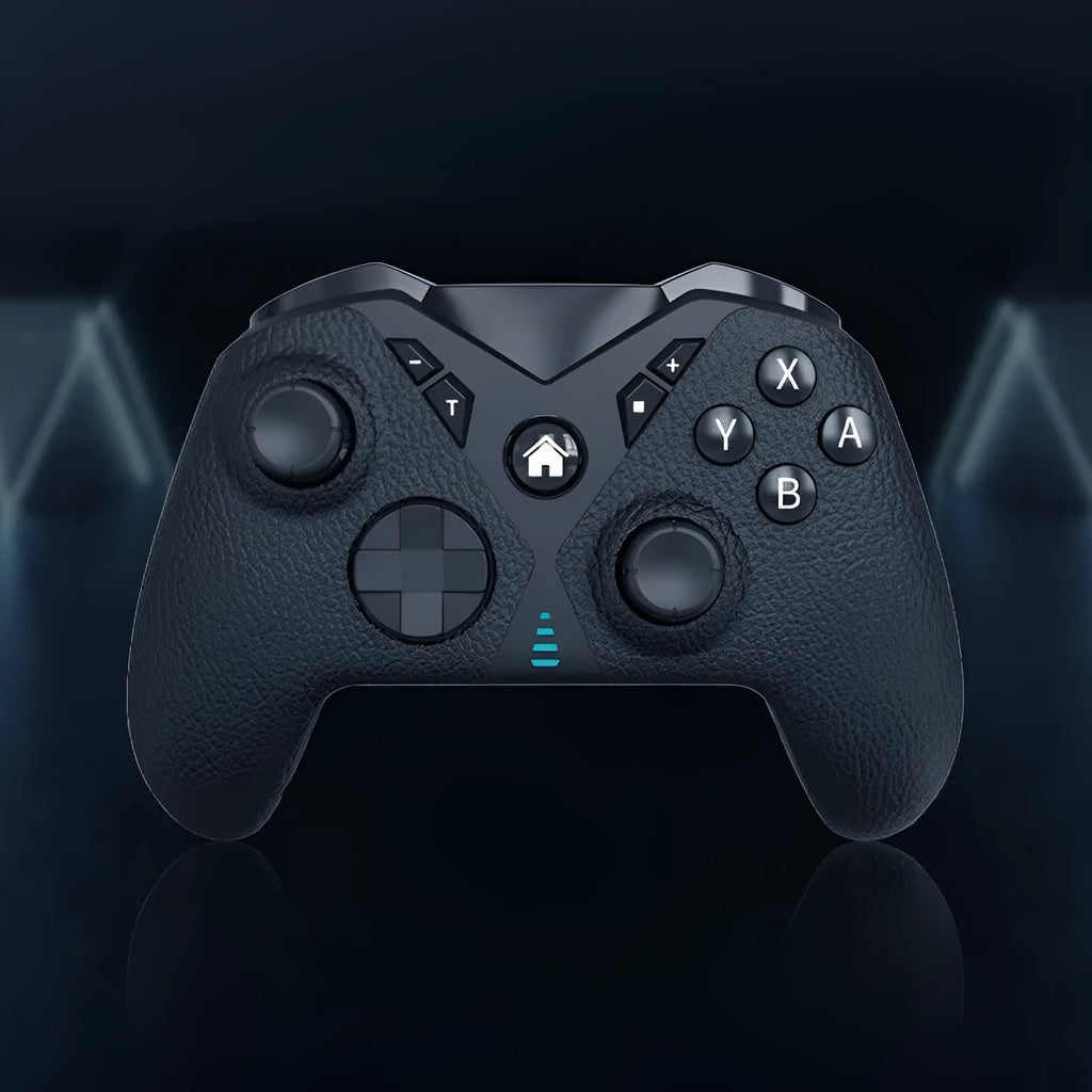 Black wireless game controller with leather-pattern grip for Nintendo Switch and PC.