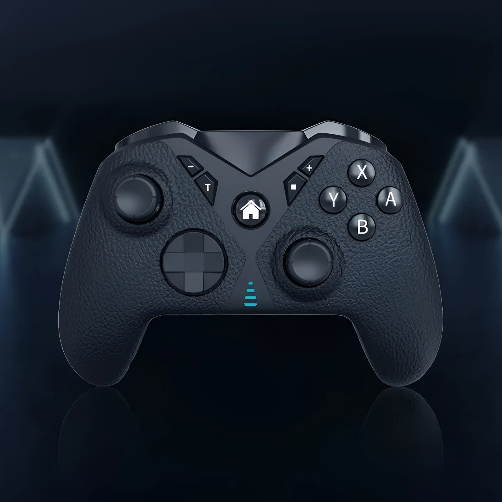 Black wireless game controller with leather-pattern grip for Nintendo Switch and PC.