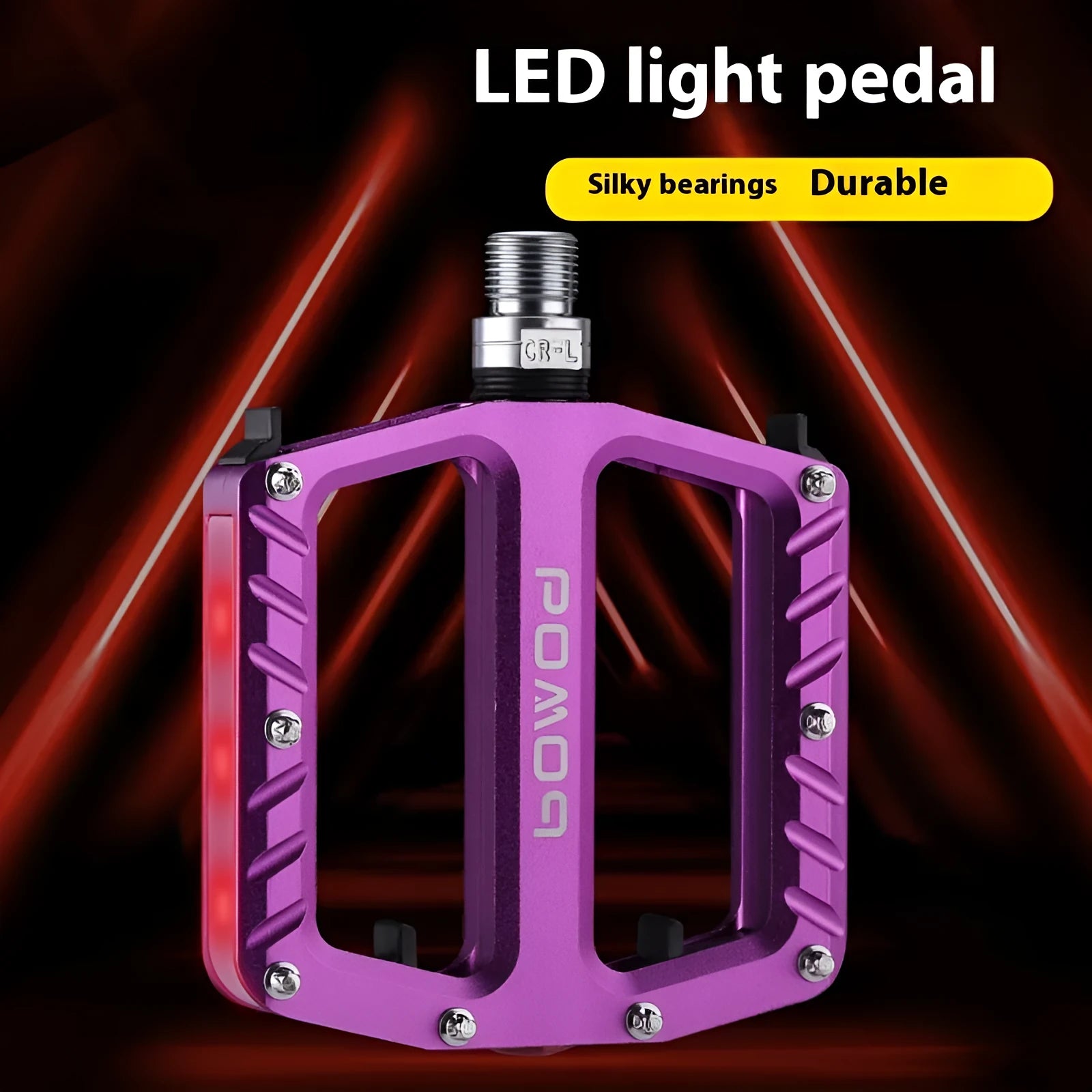 Aluminium alloy bicycle pedals with 710 LED lights in purple, black, titanium, red, and gold colours.