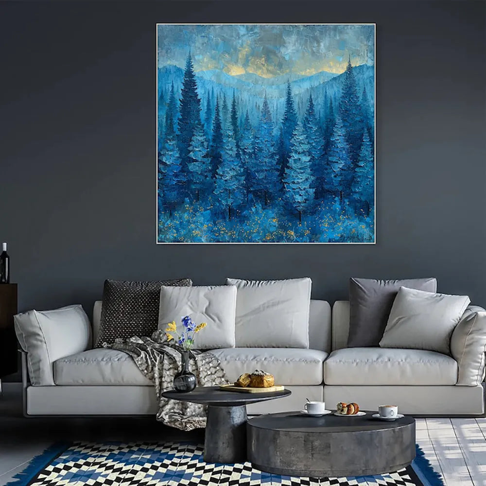 Blue mysterious forest tree oil painting hand painted on canvas square abstract landscape art