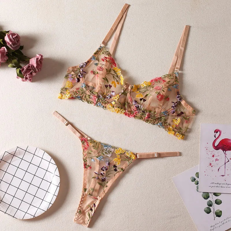Floral pattern bra with steel ring T-back in polyester mesh fabric available in five colours