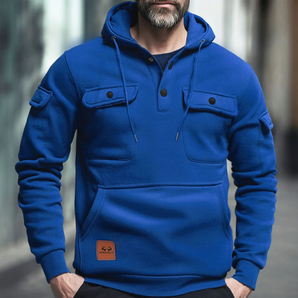 Button multi-pocket sweater in black, loose fit, wool lined, sizes S to XXXL for men