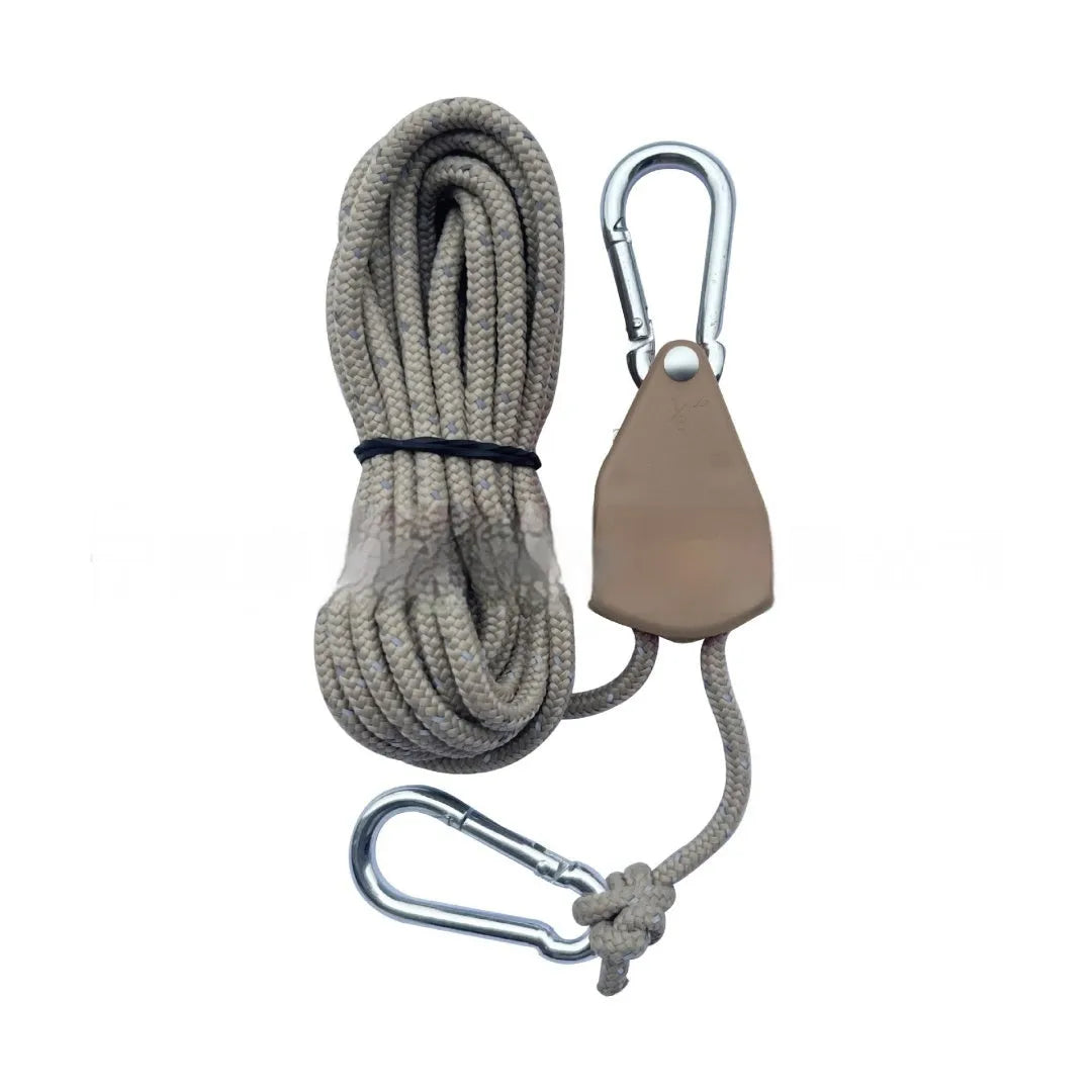 Tent guy rope with pulley adjuster, 4mm nylon cord, 4M or 5M, Army Green or Coffee.