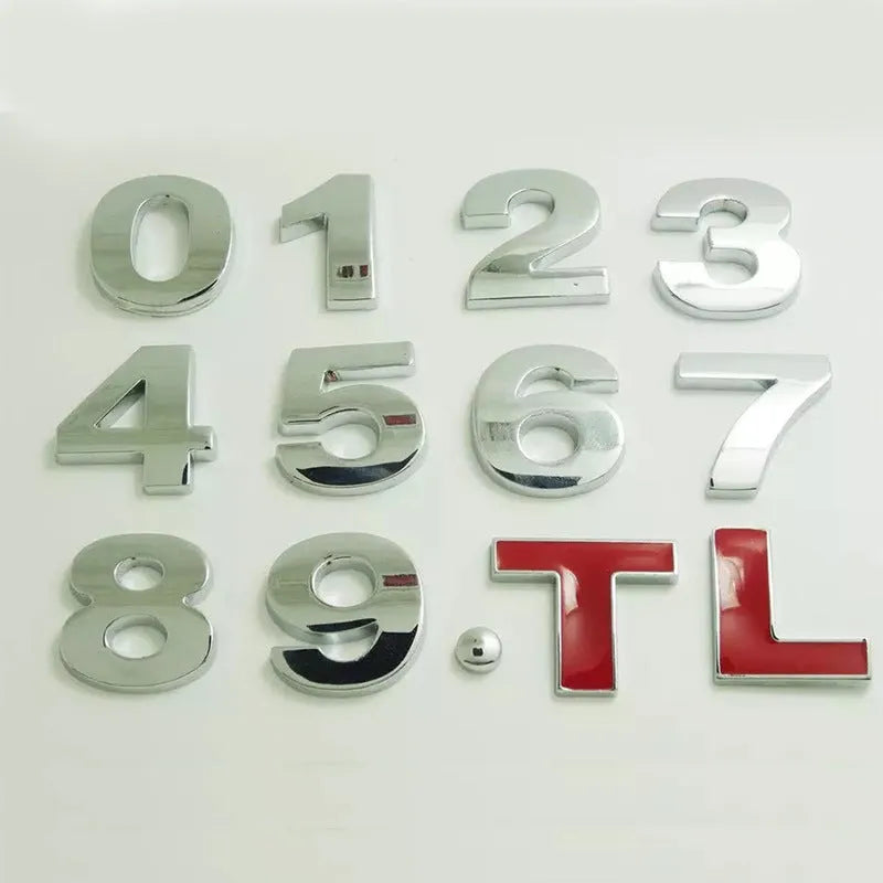 3D metal zinc alloy car bumper sticker letters in black and silver, showing raised 2.5cm design