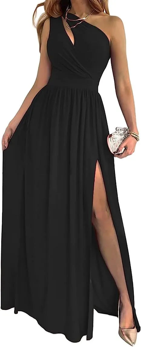 Women's apricot one shoulder maxi dress with cutout and high side split