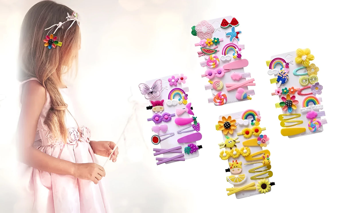 14 colourful toddler hair clips with candy, rainbow and butterfly designs and ribbon-wrapped backs