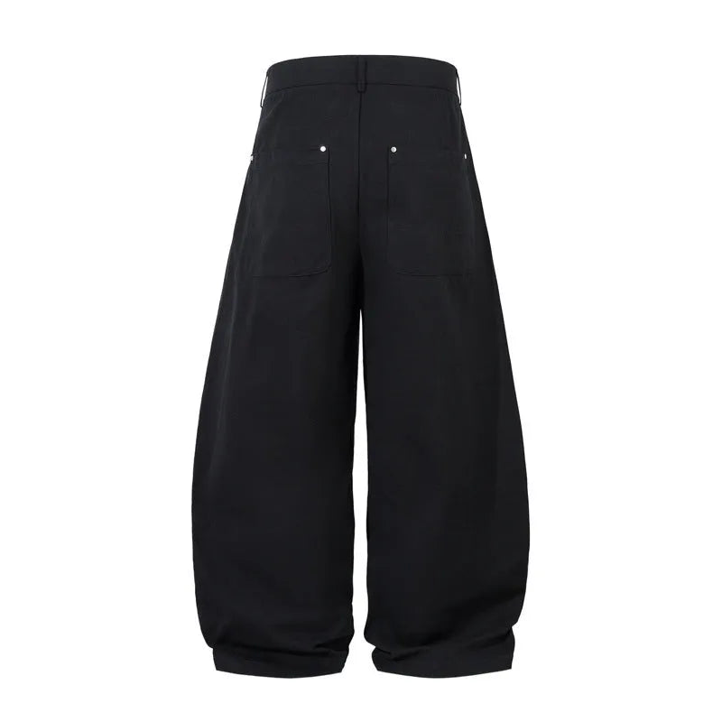 Men's black pleated machete casual trousers with loose-fitting wide-leg design