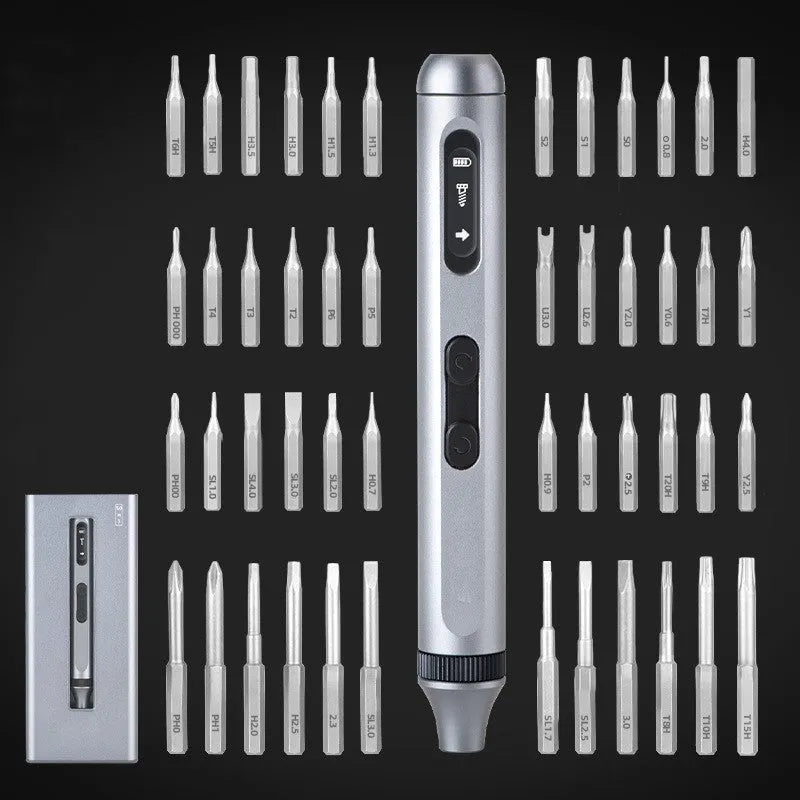 Precision electric screwdriver with aluminium alloy handle, showing compact size and dual-mode operation for torque control.