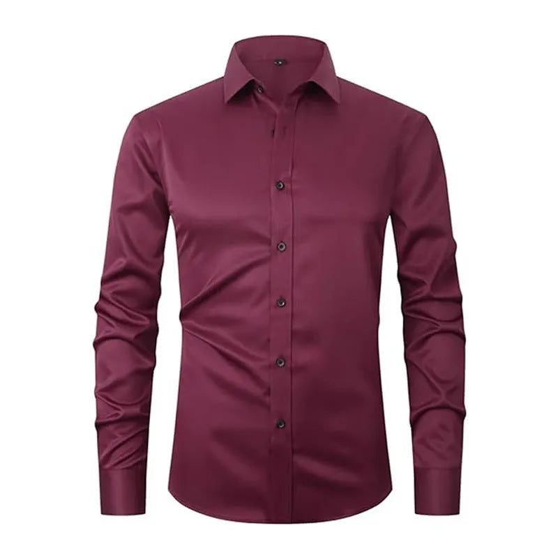 Man wearing a stretch long sleeve work shirt in a solid colour, showing the fit and style.