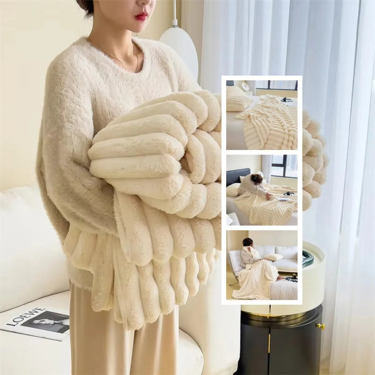 Soft Wind bubble velvet double-sided thickening faux rabbit fur blanket in a solid colour.