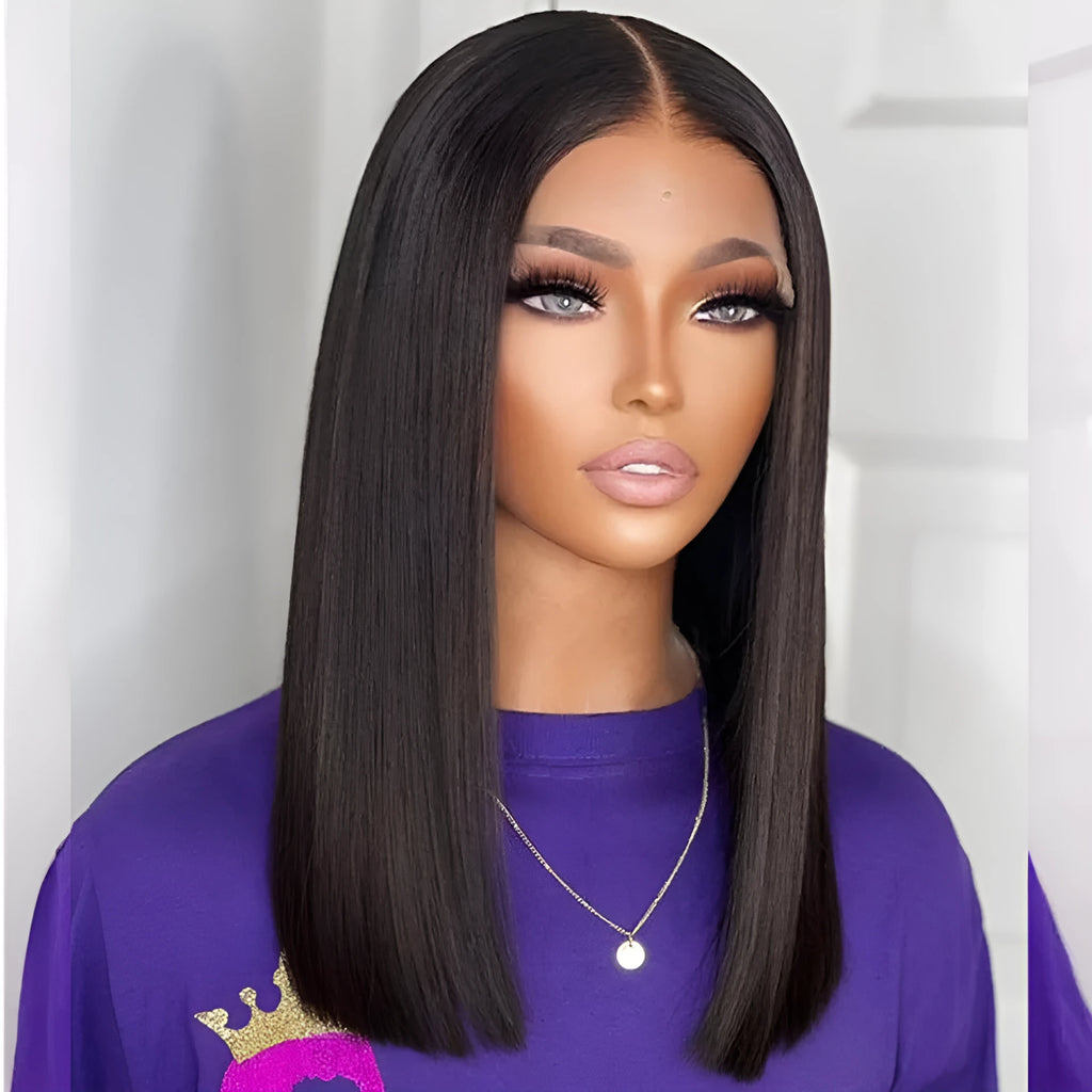 Double drawn bone straight human hair wig in black, 16 inch model length, made from Chinese human hair