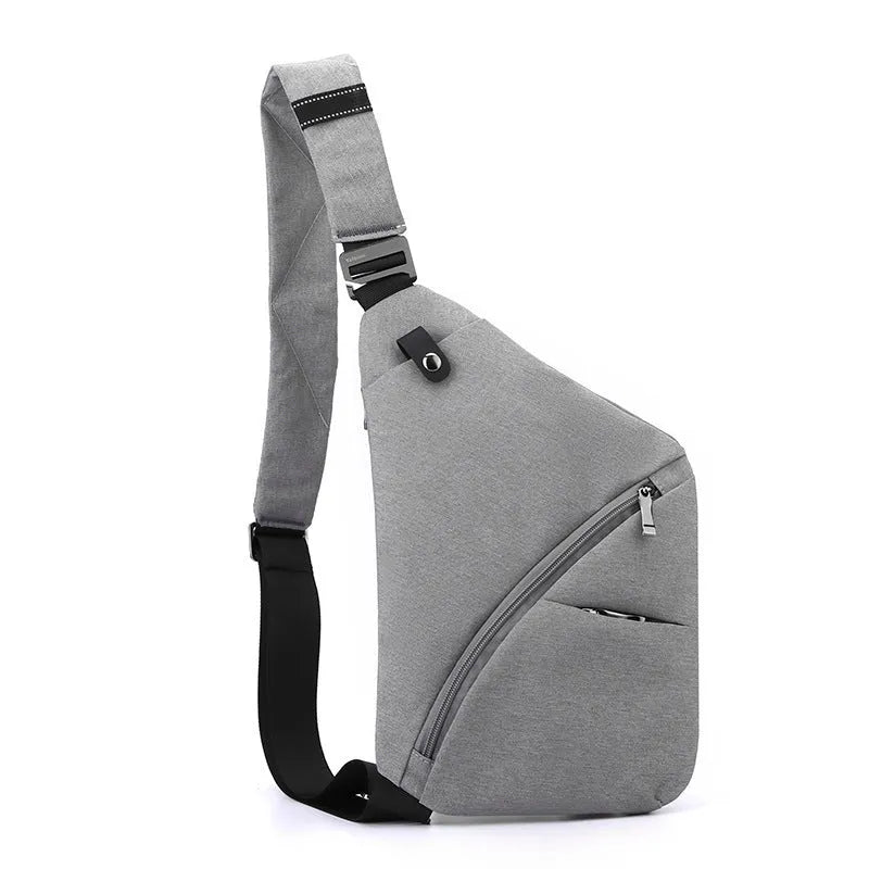 Men's oxford cloth chest bag showing single shoulder strap design in grey and black colour options