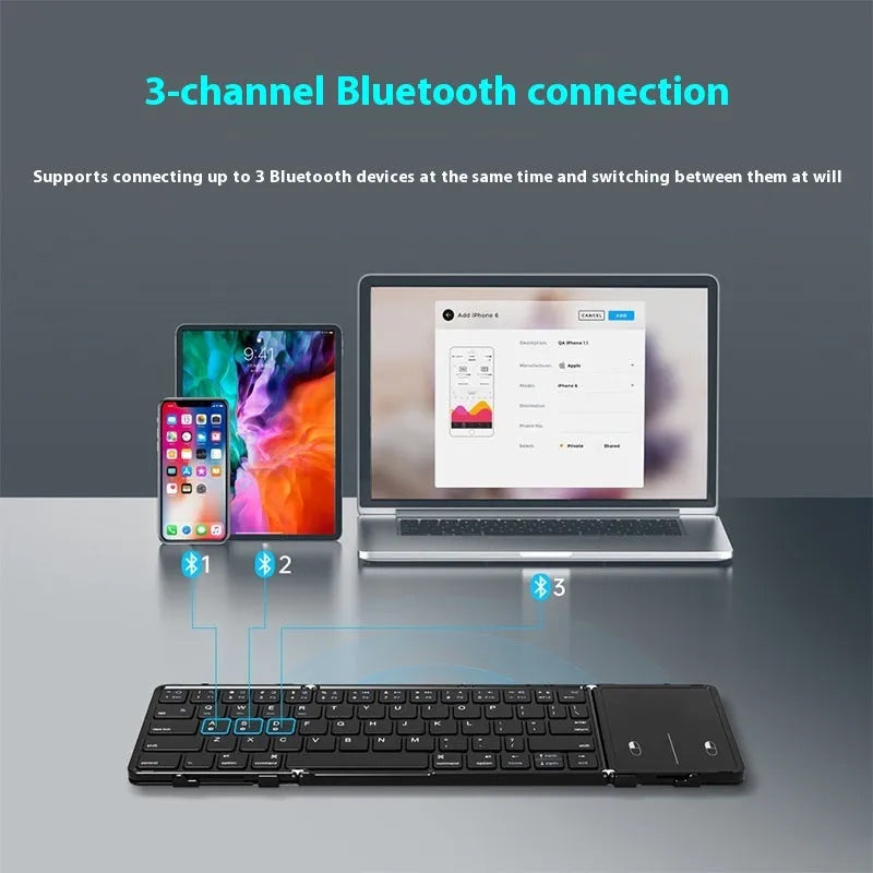 Black folding Bluetooth keyboard with touchpad for mobile phones and tablets