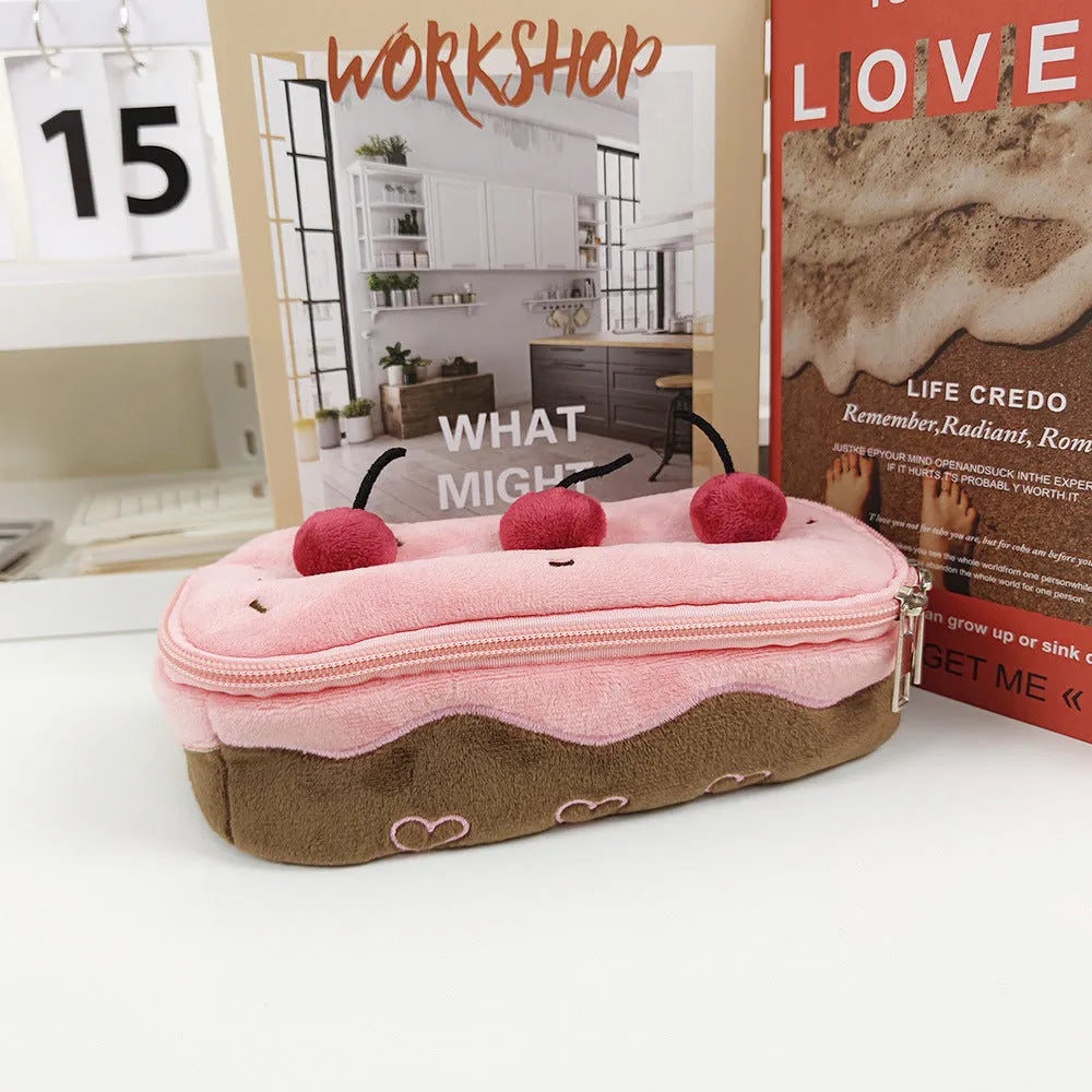 Cherry cake plush velvet pencil bag in Korean style with pastel colours