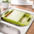 Multifunction kitchen chopping block with sink drain basket in blue, measuring 36x23x4cm, with PP surface and TPE handle