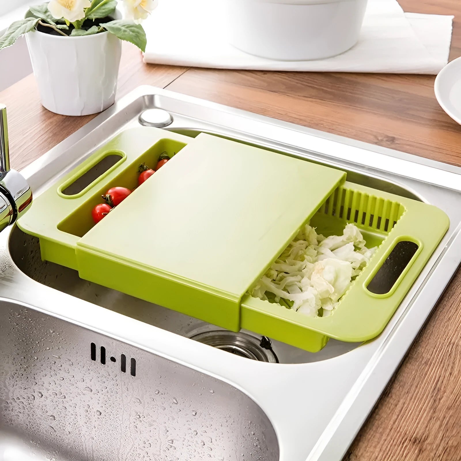 Multifunction kitchen chopping block with sink drain basket in blue, measuring 36x23x4cm, with PP surface and TPE handle