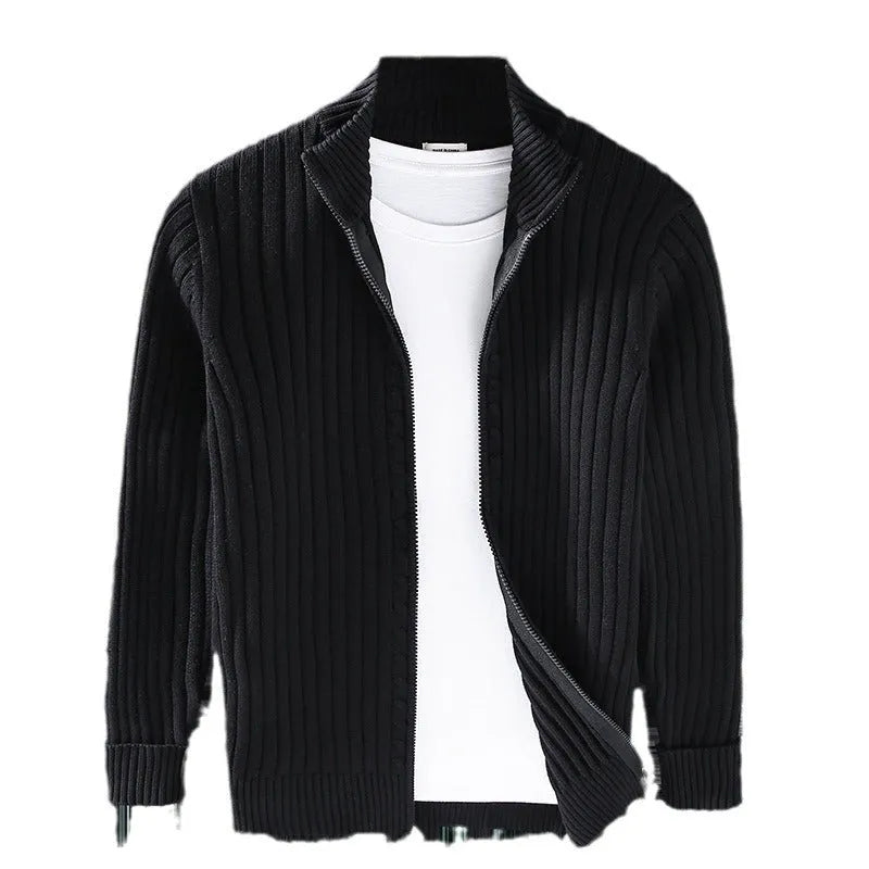 Men's cotton loose fit sweater coat in carbon gray on a plain background