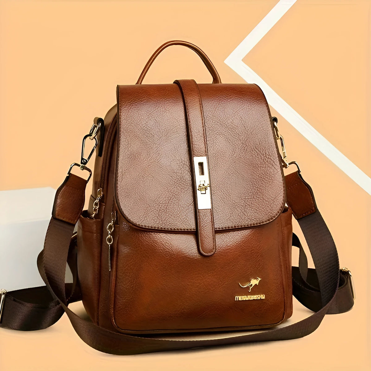 Ladies PU backpack in black or dark brown with large capacity, sandwich pocket, and commuter design