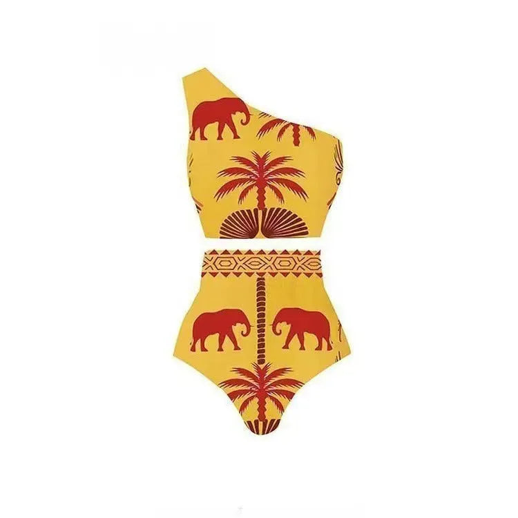 Women's one-piece swimsuit in polyester fabric showing colour options including black and printed designs