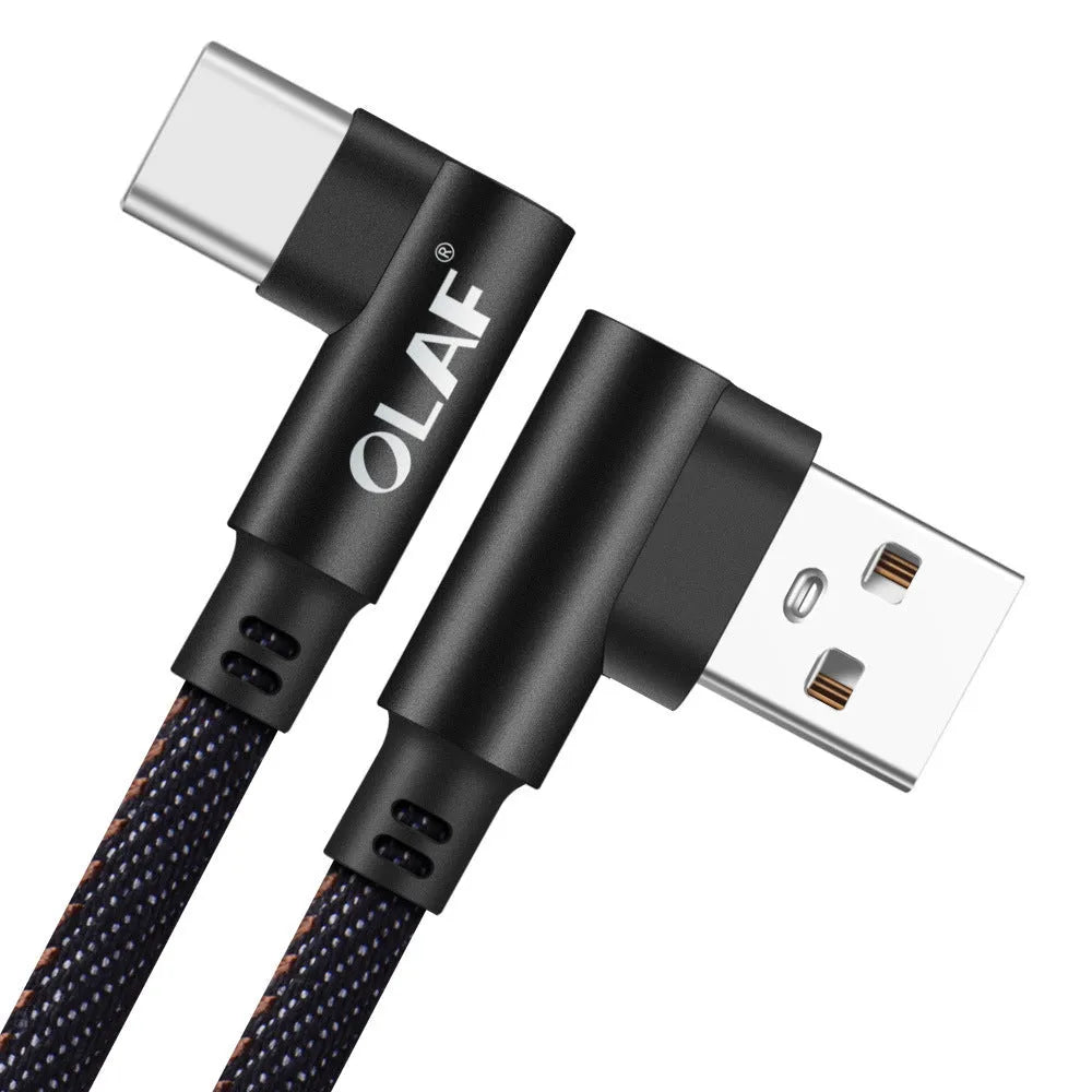 USB charging cable with denim wrapping and aluminium connectors in multiple colour options