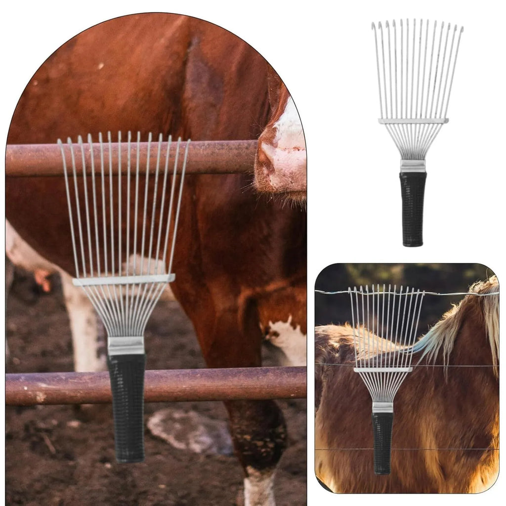 Stainless steel pet grooming brush with curved metal teeth measuring 33 cm