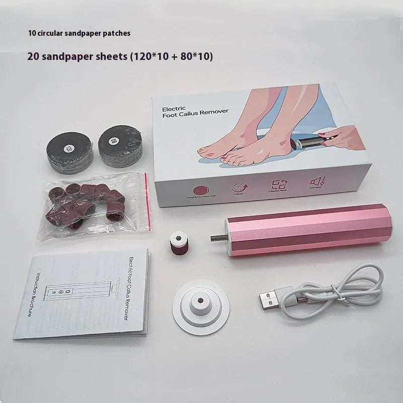 USB-powered sole nail trimmer and callus remover device in pink, black, or purple with grinding wheel accessories.