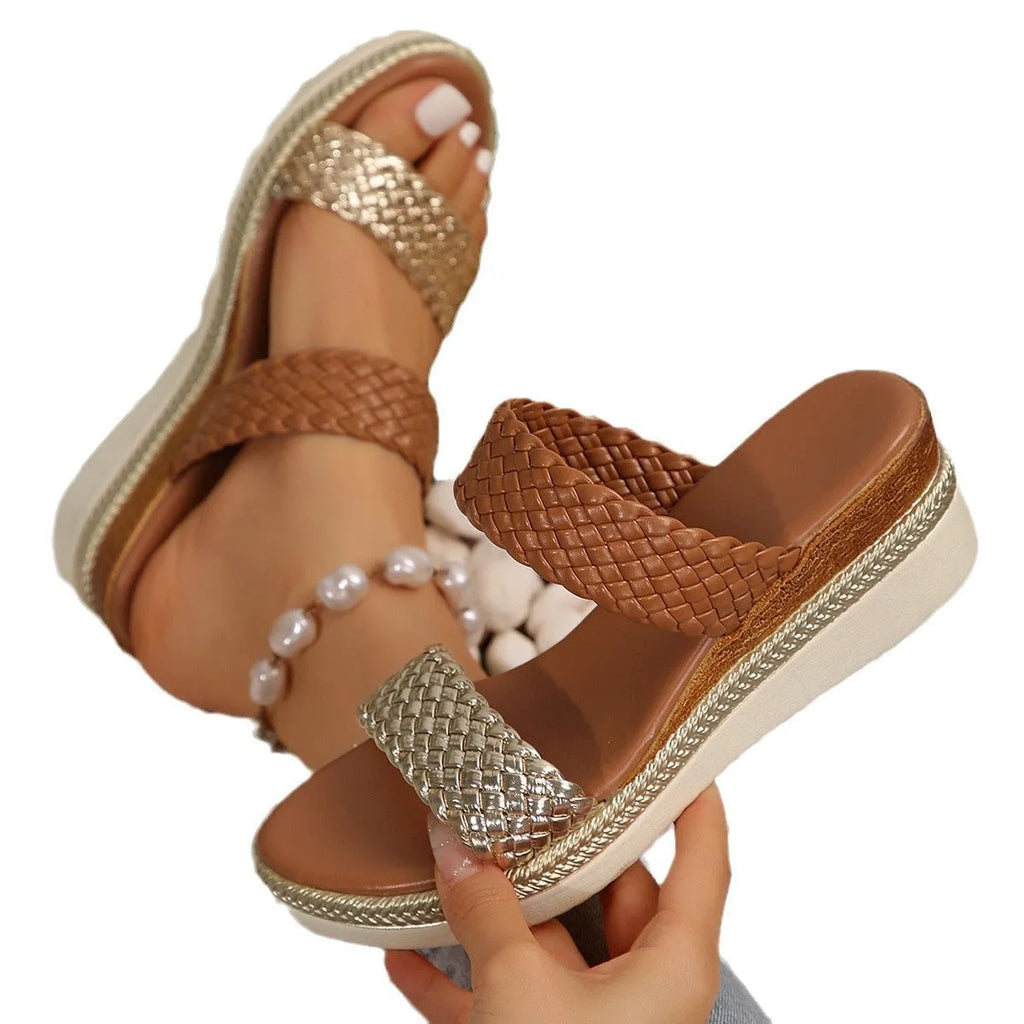 Women's gold plus size wedge sandals with a 5cm heel and rubber sole on a white background