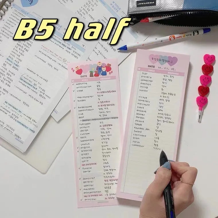 Vertical half-B5 notepad with double-sided printing in pink, purple, or blue cover colours