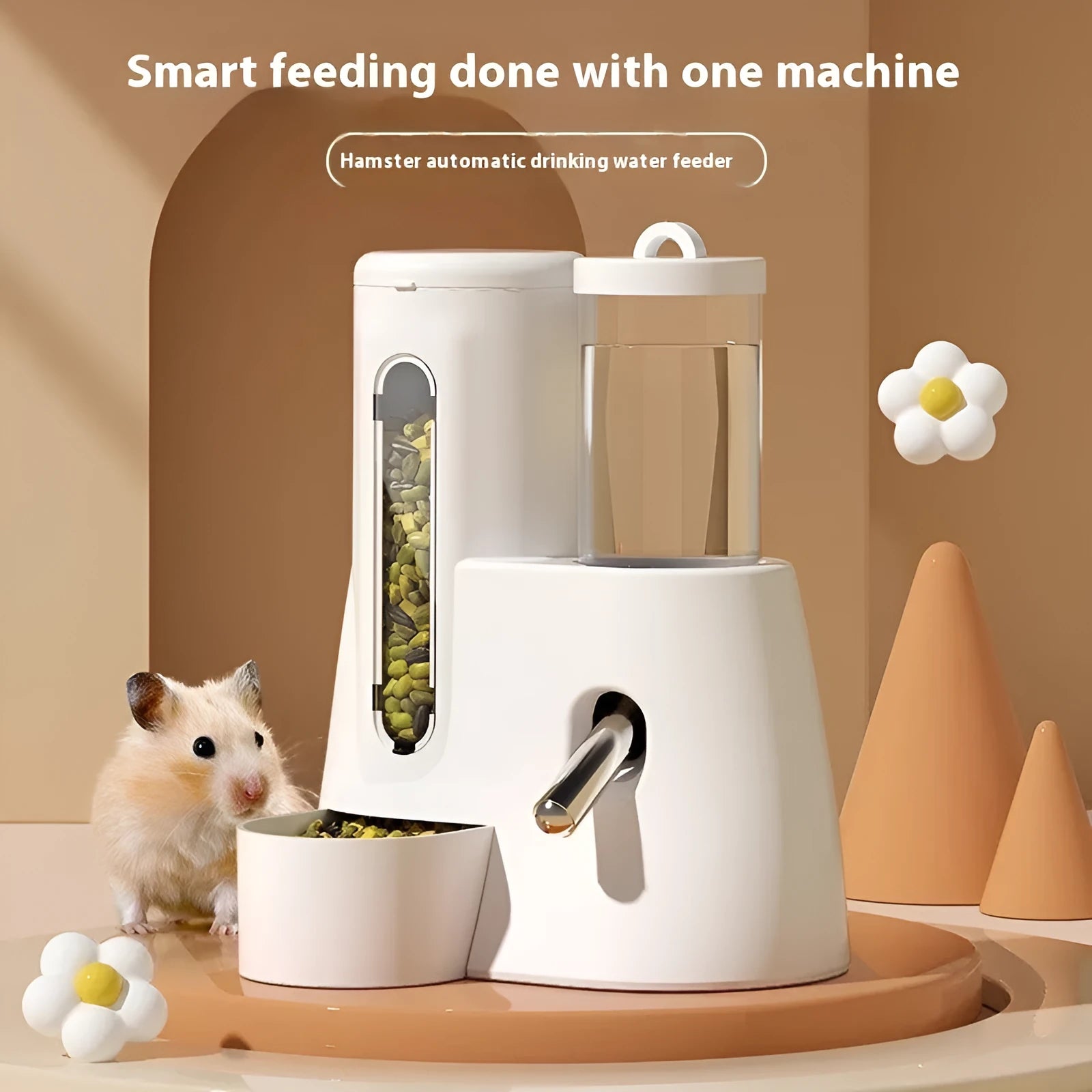 White hamster automatic drinking water feeder with integrated food basin for cage placement