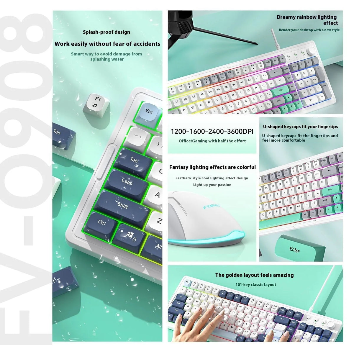 Custom mechanical keyboard and wireless mouse combo with backlight illumination in selected colour option