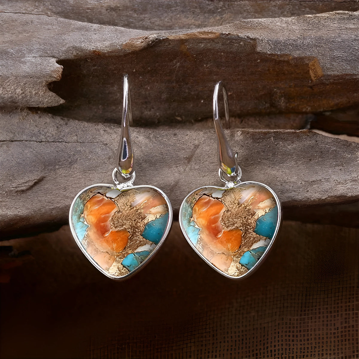 Silver alloy vintage bohemian love pendant earrings with water droplet detail, Korean style, one pair