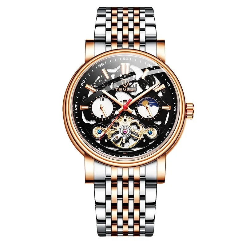 Men's tourbillon mechanical watch with luminous hands showing rose black metal variant