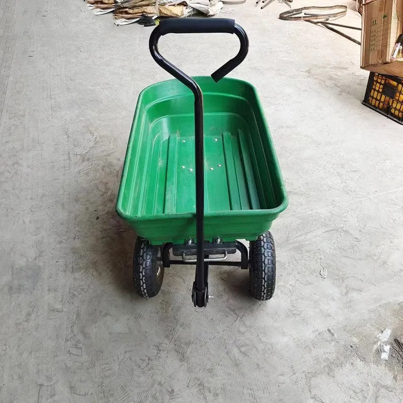 Green four-wheel plastic dump truck for agricultural tools with steel PP body and 350KG capacity