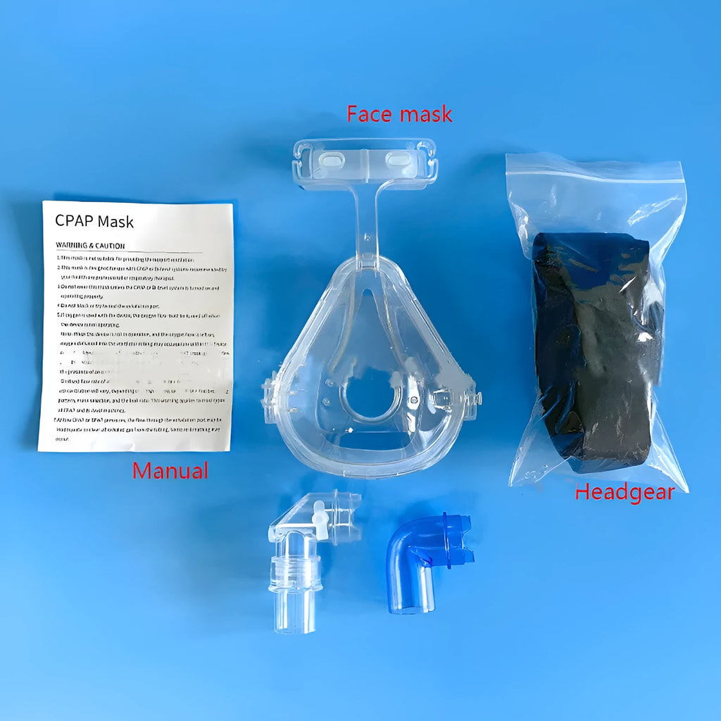 Transparent silicone CPAP breathing mask with headband and two adapter elbows on a white background.