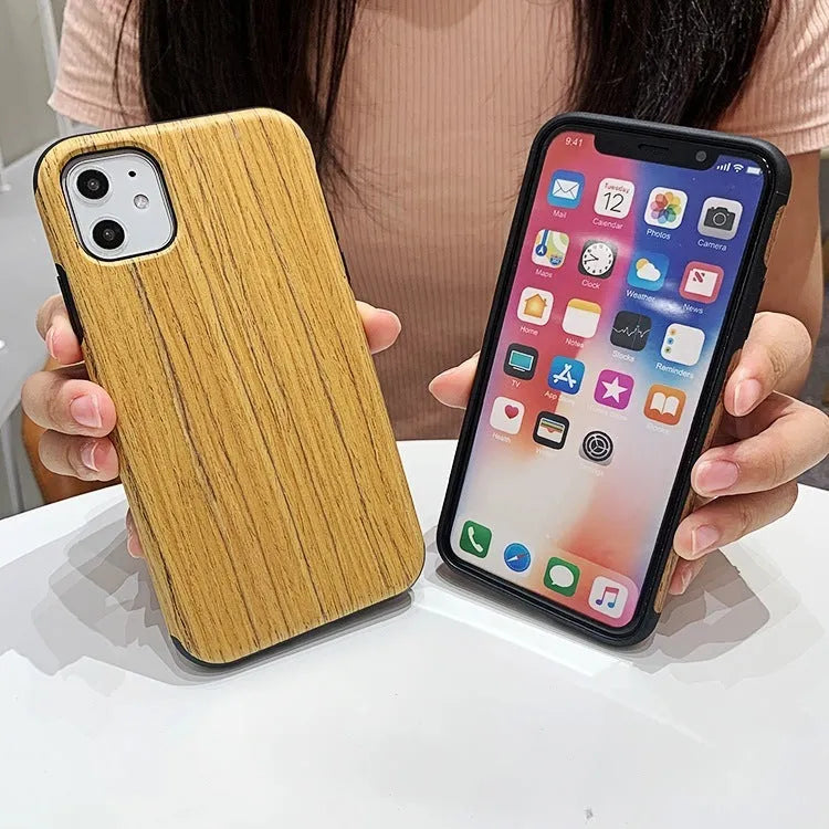 Natural wood back cover case for iPhone showing rosewood and teak colour options.