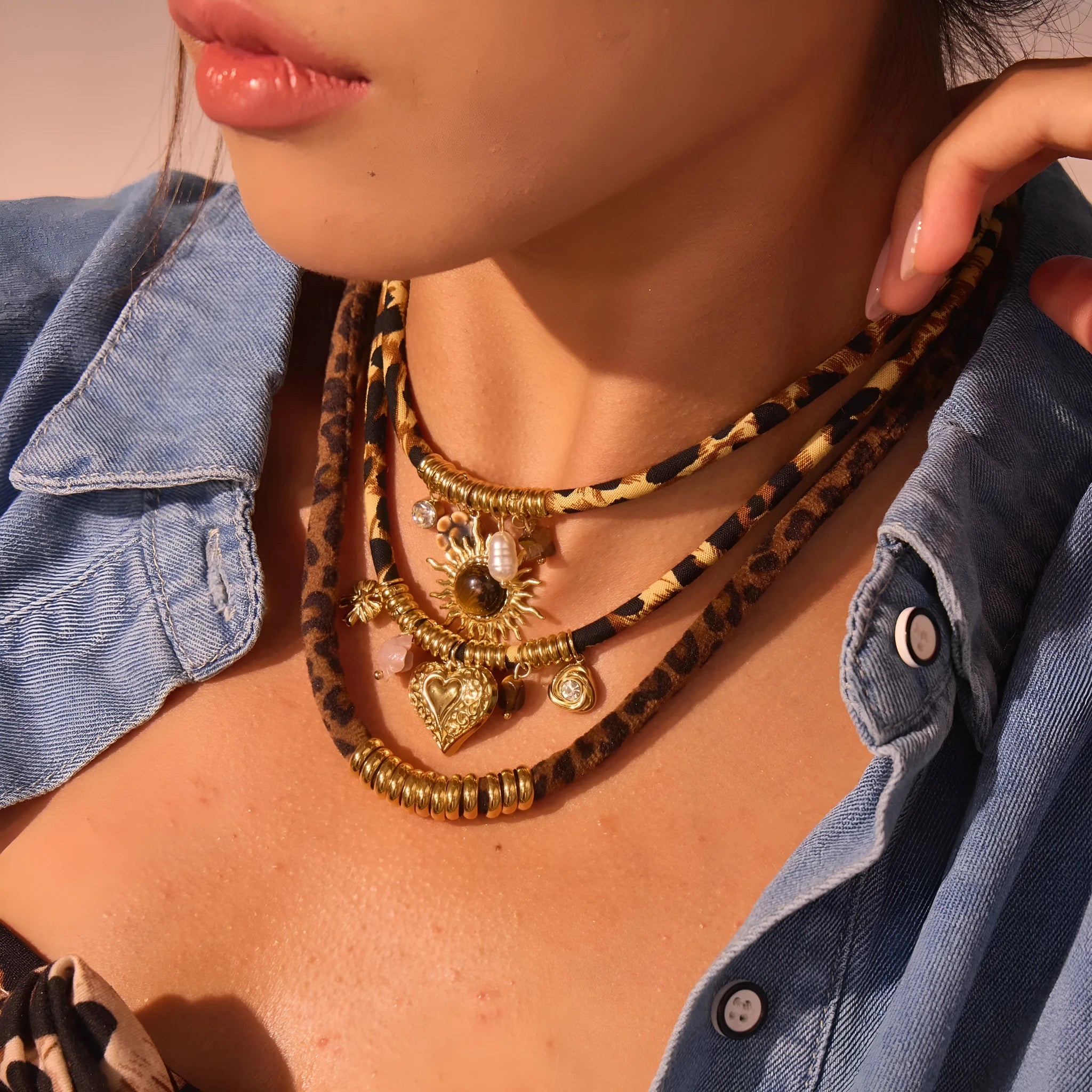 Geometric leopard pendant stainless steel necklace with gold-toned electroplated finish and adjustable chain
