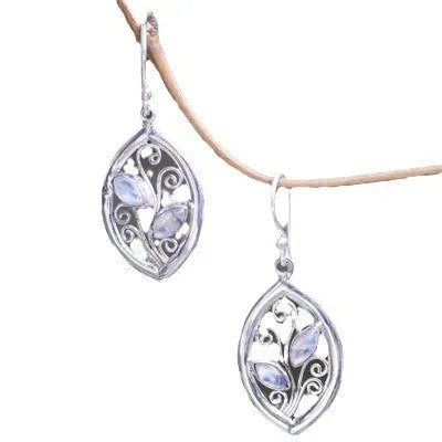 Women's silver leaf earrings with colourful embedded moonstones and alloy construction
