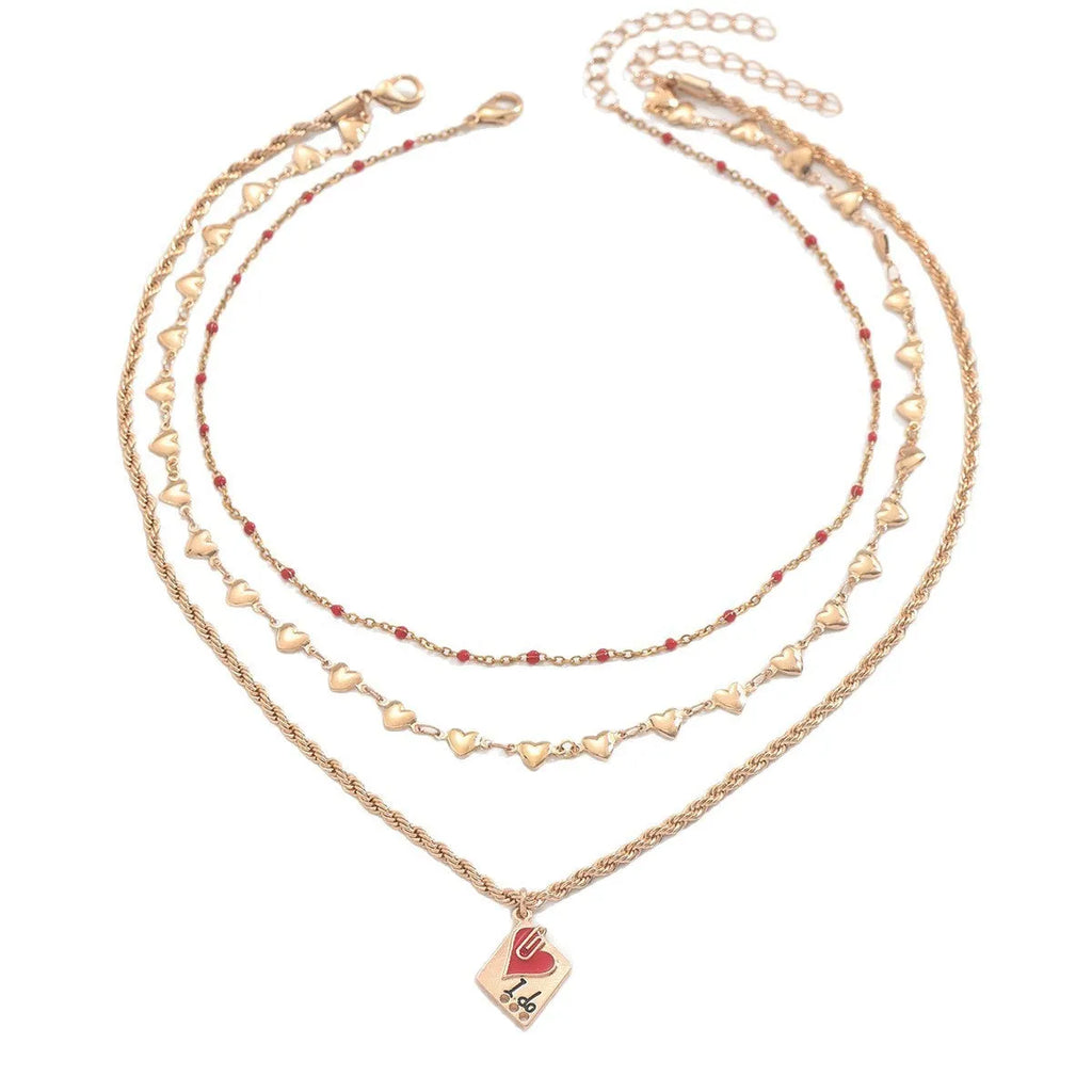 Adjustable three-layer clavicle chain necklace with geometric heart pendant in zinc alloy