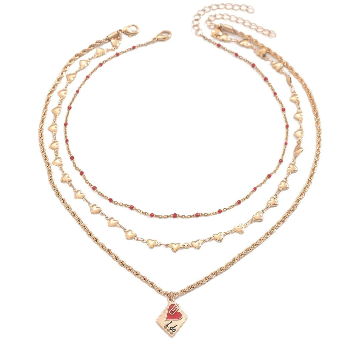 Adjustable three-layer clavicle chain necklace with geometric heart pendant in zinc alloy