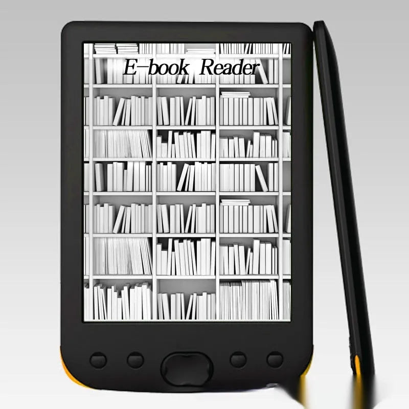 Black 6-inch E-ink screen e-book reader with anti-glare display showing book text
