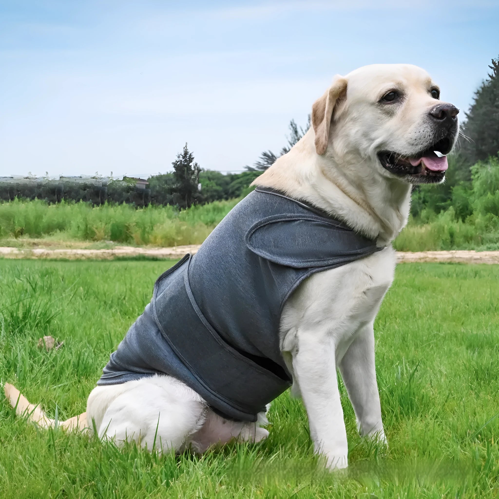 Brown dog anxiety relief tank top made from cotton jersey fabric on a medium-sized dog