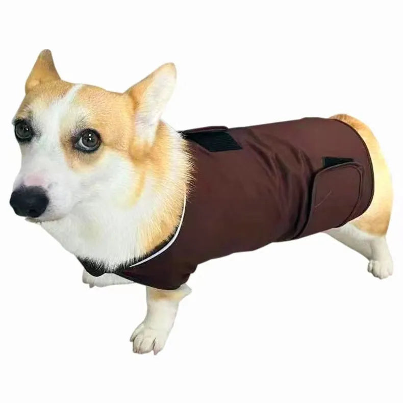 Brown dog anxiety relief tank top made from cotton jersey fabric on a medium-sized dog