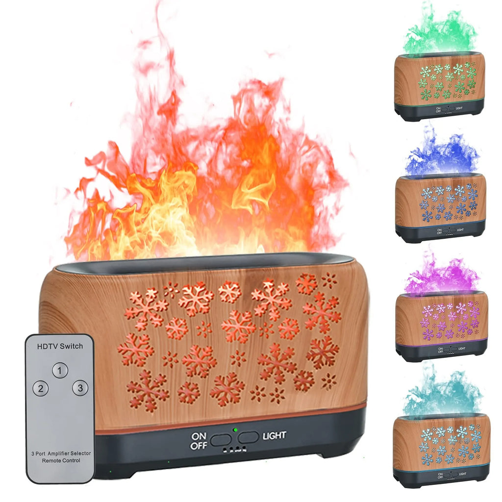 Square desktop humidifier with snowflake wood grain pattern and colourful flame effect illumination
