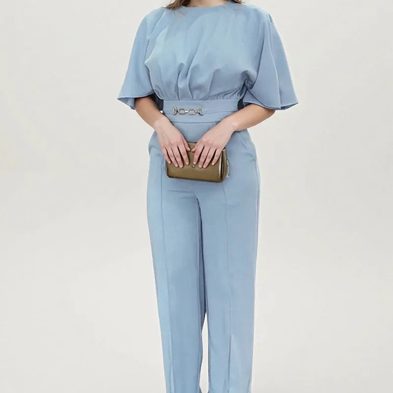 Men's blue two-piece polyester casual suit with long sleeve jacket and trousers