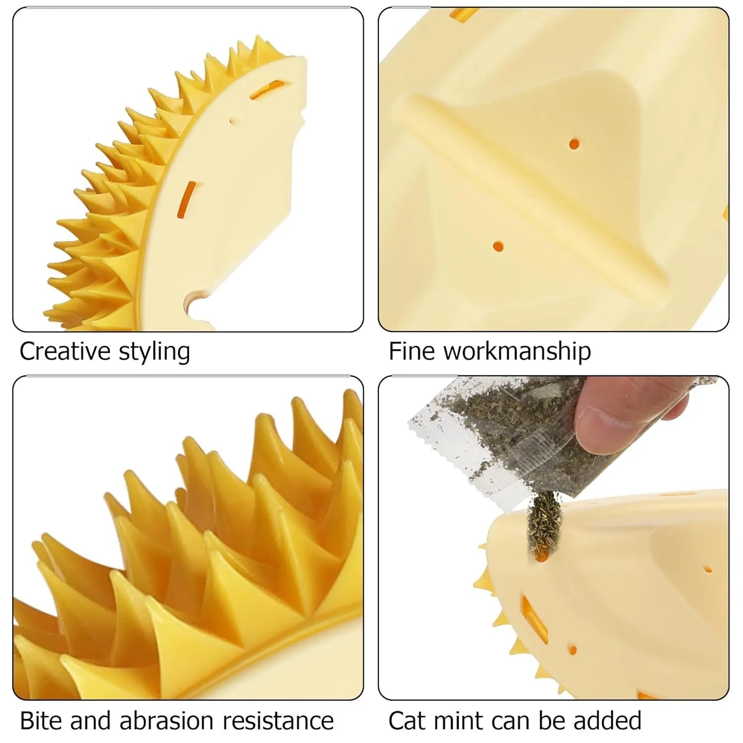 Yellow durian-shaped cat corner scratcher and massage comb toy with adhesive backing