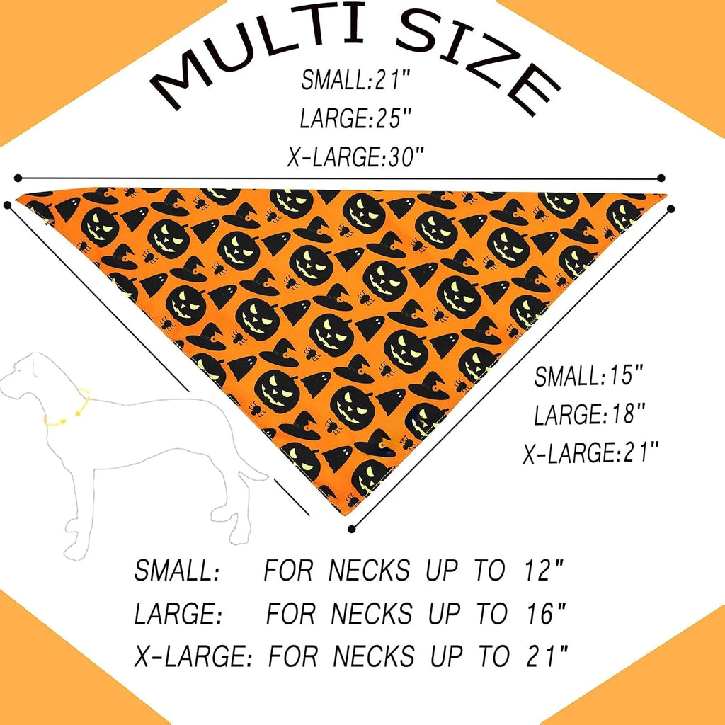 Black and orange reversible Halloween dog bandana showing pumpkin and spider web patterns with adjustable neck closure