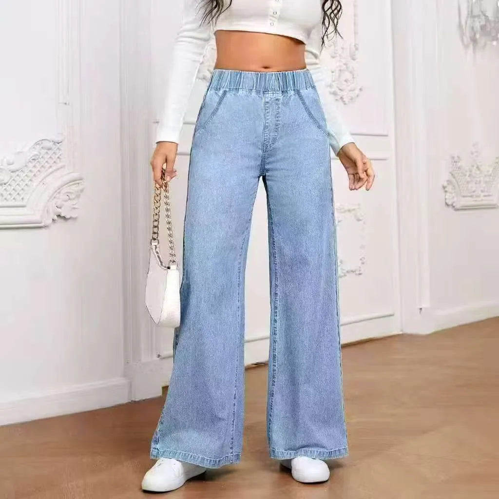 Women's light blue washed wide-leg denim jeans with straight fit and mid waist