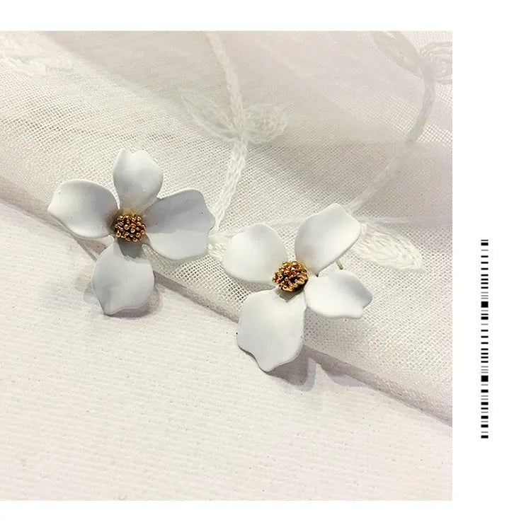 A pair of floral-shaped stud earrings for women, shown in alloy with an electroplated finish in white or pink colour.